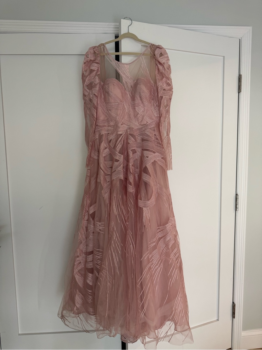 Elegant Blush Pink Long-Sleeve Tulle Gown